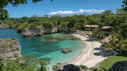 Tropical paradise cove with secluded beach and lush vegetation