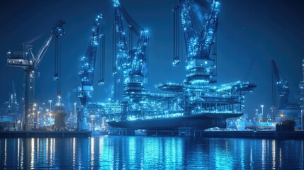 Night View of Illuminated Shipyard with Cranes and Vessels