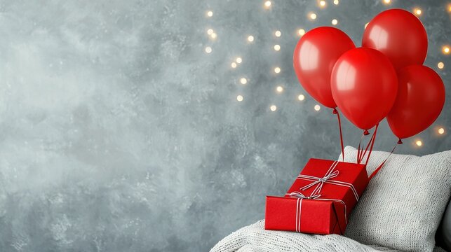   A red box sits atop the couch, surrounded by red balloons and illuminated by string lights behind it