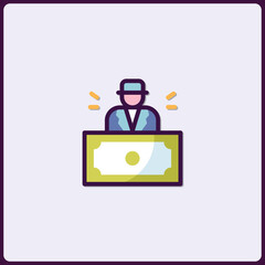 Elegant Icon of Money Manager in Blue Suit Behind Currency for Financial Concept