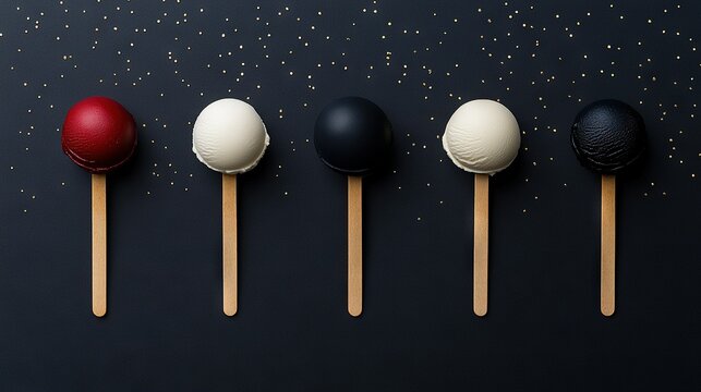   Four pops stacked on black table beside row of RWB lollipops