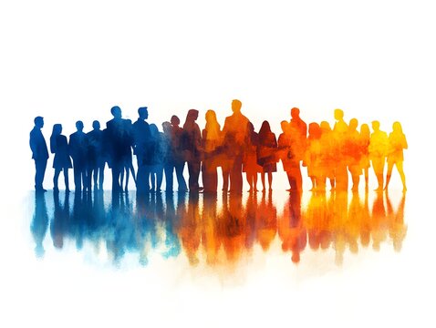 Group of people standing in a line for a social gathering, isolated on a white background, representing togetherness and unity