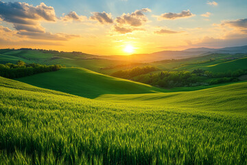 Obraz premium Beautiful sunset over rolling green hills in Tuscany