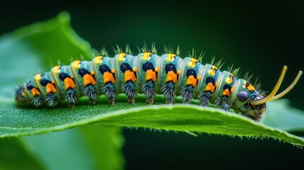 Colorful caterpillar crawling on a vibrant green leaf in nature