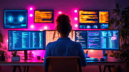 Naklejka premium woman types on a glowing blue-lit keyboard in a dark room. The chair’s silhouette contrasts against multiple monitor screens displaying cascading digital code. 