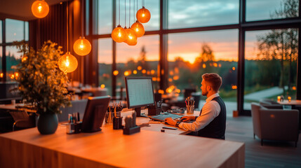 Fototapeta premium Photo, hotel staff working behind counter, computer screen visible, soft evening light, professional and organized, customer focused
