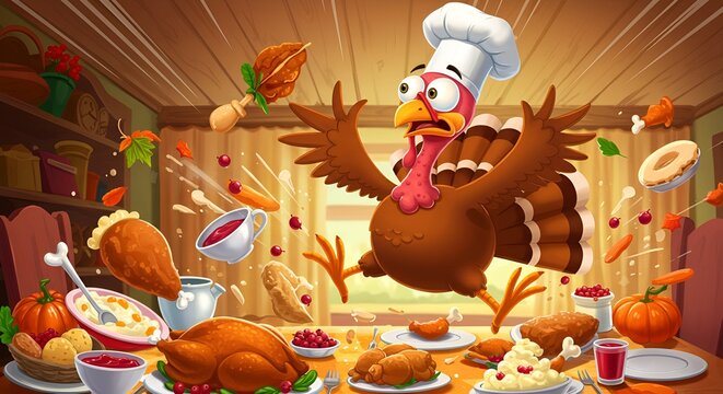 A humorous digital illustration of a cartoon turkey in a chef&rsquo;s hat, panicking as a Thanksgiving feast flies into chaos. The turkey, with wide, frightened eyes, is surrounded by traditional Thanksgivi