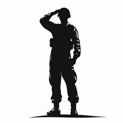 Silhouette, military soldier, saluting, standing at attention, army uniform, helmet, patriotic, respect, honor, black and white