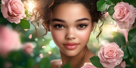 Naklejka premium Elegant woman with natural makeup and glowing skin, Beauty portrait, woman in rose garden, Generative AI