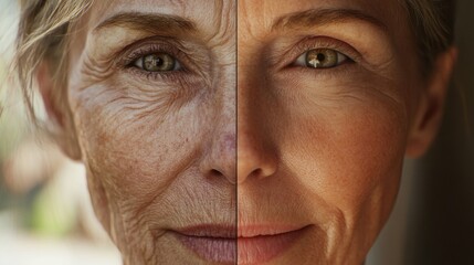 Split-screen portrait reveals the transformation from aged to youthful skin in Saint Petersburg Generative AI