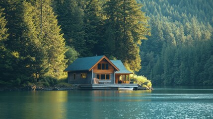 Fototapeta premium Quaint Boathouse by Picturesque Lake