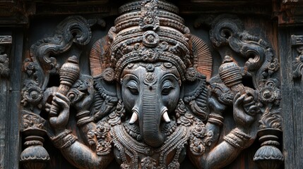 Fototapeta premium A detailed wooden carving of a deity with an elephant head
