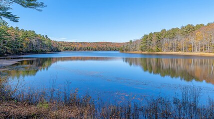 Obraz premium Scenic Autumn Landscape with Reflective Water Surfaces