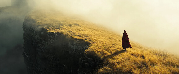 Lonely figure in red cloak walks across misty golden hilltop near cliff edge, evoking themes of journey, solitude, and mystery
