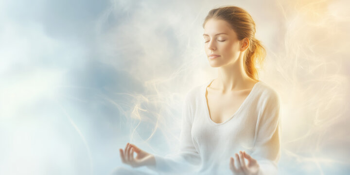 Meditating Woman Surrounded by Magic Lights Abstract Positive Energy Background Banner