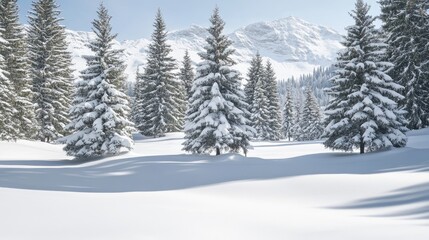 Snowy winter wonderland with tall pine trees. Lush snow-covered forest