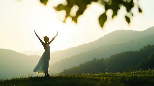  A woman stands atop a verdant hillside, arms raised high and hands extended