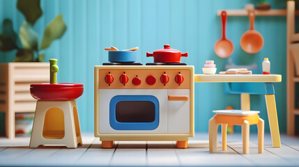 A colorful toy kitchen setup featuring a stove, sink, and stool, designed for imaginative play and culinary adventures for children.