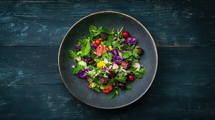   Blue tablecloth on a wooden table with a blue plate containing salad