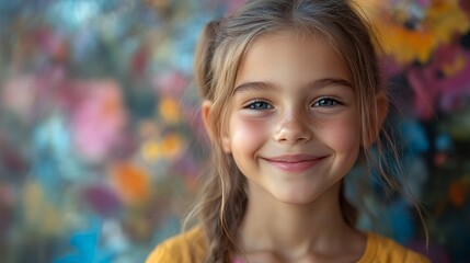Fototapeta premium Young Girl Smiles Brightly in Front of Colorful Painted Backdrop During the Day, Showcasing Her Cheerful Personality and Joyful Spirit
