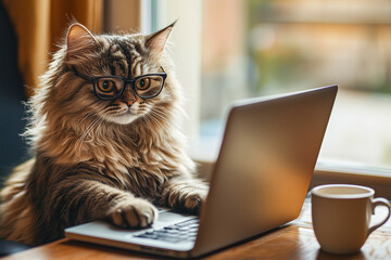 A business cat with glasses works at a computer in the office. The cat is an office worker.