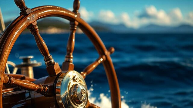 Wooden ship's helm steering a boat