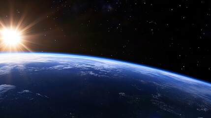 Sunrise over Earth with vibrant color illuminating the atmosphere and stars in the background