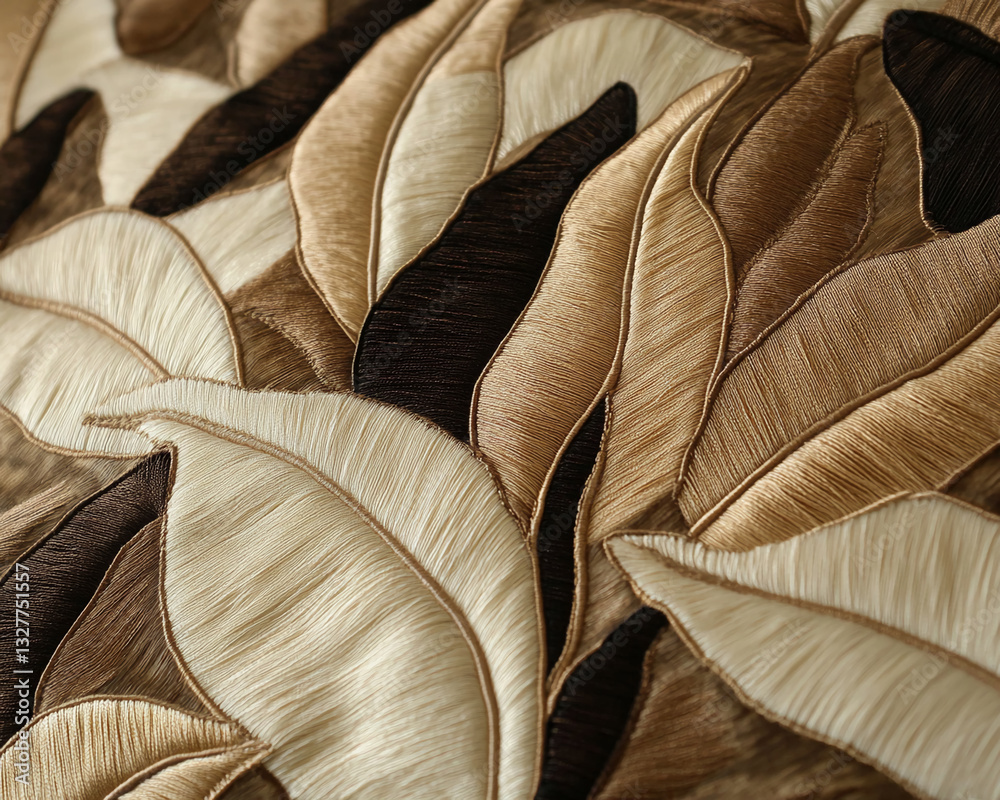 Poster close-up of beige and brown embroidered fabric texture, featuring leaf-like patterns. the image show