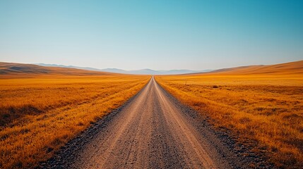 Fototapeta premium Scenic Dirt Road Stretches Through Golden Grassland Under Blue Sky in a Tranquil Landscape During Late Afternoon Light