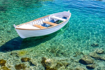 Fototapeta premium wooden fishing boat floating on crystal clear turquoise water