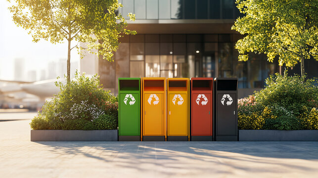Colorful Recycling Bins in Modern Urban Landscape