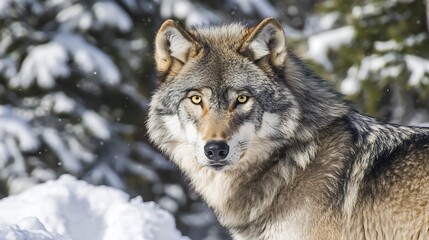 Obraz premium Majestic wolf portrait piercing yellow eyes thick winter fur and an intense gaze A snowy forest background adds to the wild and mysterious atmosphere