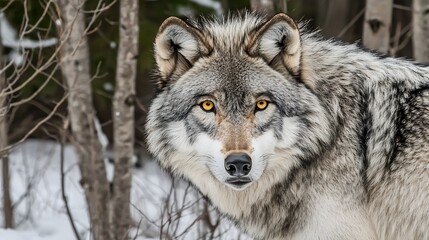 Naklejka premium Majestic wolf portrait piercing yellow eyes thick winter fur and an intense gaze A snowy forest background adds to the wild and mysterious atmosphere