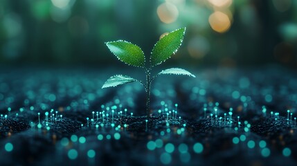 Small Green Plant With Shiny Leaves Emerges From Dark Soil Surrounded by Glowing Particles in a Lush Forest Environment During Springtime