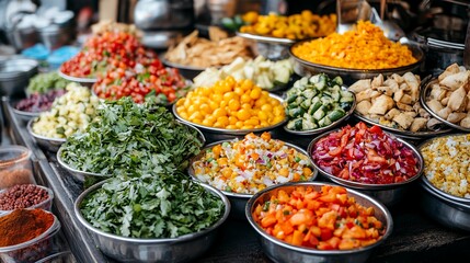 Colorful Array of Fresh Vegetables and Fruits Displayed at a Bustling Market in the Early Morning