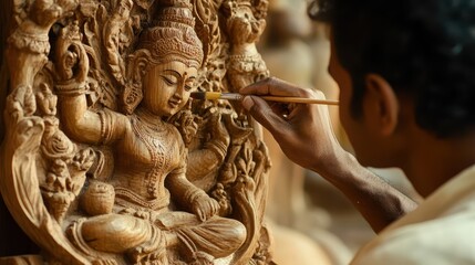 A Skilled Artisan Finishes Painting a Wooden Carving