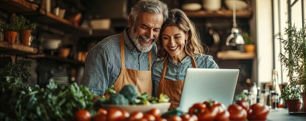 Happy elderly couple cooking together in the kitchen with fresh vegetables