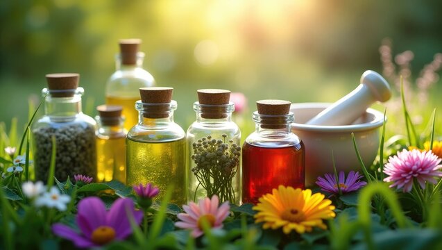 Medicinal herbs and tinctures in alternative medicine. Focused view. Nature.