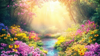 Vibrant Wildflowers by the Lake in Spring Sunshine