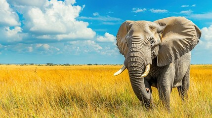 Fototapeta premium Elephant in field of tall grass, blue sky with clouds in background