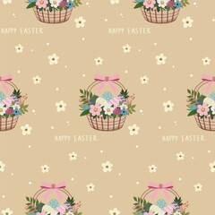 A simple Easter pattern in a flat style with baskets with flowers and Easter eggs, repeating design. Background for textiles, fabrics, cotton fabric, covers, wallpaper, print, gift wrapping, cards.
