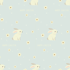 A simple Easter pattern in a flat style with bunnies and flowers arranged in a repeating design. Background for textiles, fabrics, cotton fabric, covers, wallpaper, print, gift wrapping, cards.
