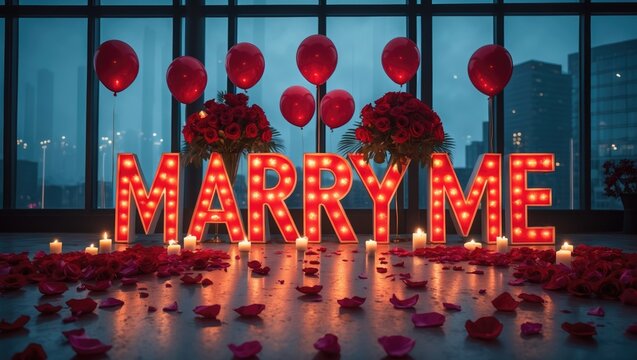 Backdrop for a proposal engagement event featuring "Marry Me" with flowers, rice, balloons, candles, and petals.