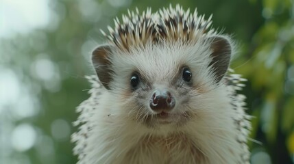 Portrait of gentle hedgehog small beady eyes tiny nose and detailed spiky fur A soft forest floor background enhances its adorable appeal
