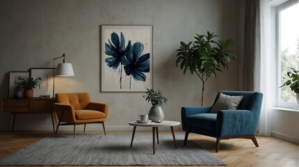 Stylish living room interior with comfortable sofa with pillows on it, 3D render, Ai Generated