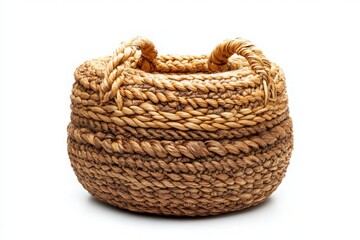 Obraz premium Handwoven Basket with Braided Handles on White Background - A Beautifully Crafted Artisan Piece Perfect for Home Decor, Storage Solutions, or Gift Ideas.