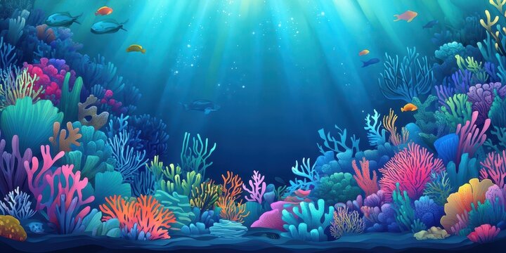 Colorful coral reef environment with swimming fish and sun rays