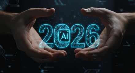 Vector illustration of Happy new year 2026 with futuristic digital world - Ai , artificial intelligence technology. 2026-Start, enable and connect to ai technology concept,  Happy New Year 2026 –Futur