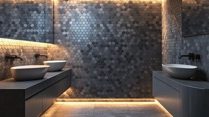 A geometric-themed compact bathroom with hexagonal mosaic tile walls