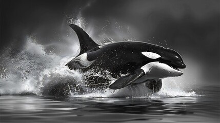 Fototapeta premium Portrait of graceful orca sleek black and white skin intelligent eyes and a dynamic water splash A deep ocean background enhances its majesty